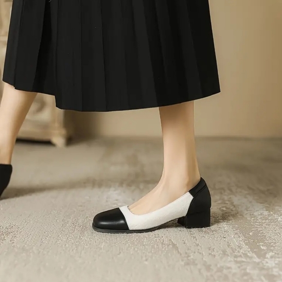 NWT Women's Contrast Color Chunky Heels, Elegant Square Toe Dress Pumps - Picture 6 of 6